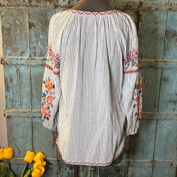 Johnny Was Hummingbird Embroidered Pinstriped Blue White Stripe Tunic Flowers XS - Picture 9 of 15